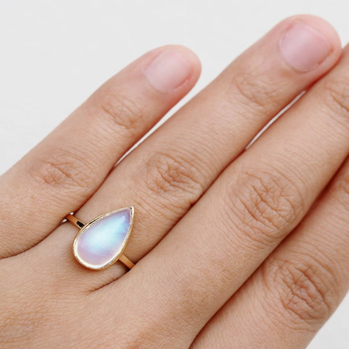 Huge 2.25 Carat Pear Shape Rainbow Moonstone Solitaire Engagement Ring in Yellow Gold