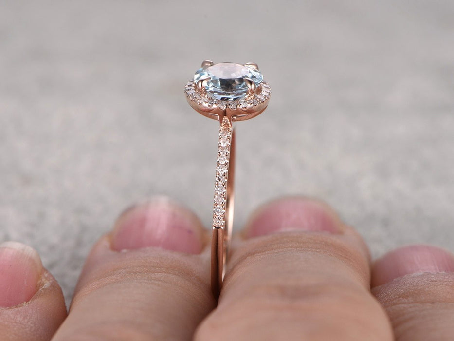 1.50 Carat Round Cut Aquamarine and Diamond Halo Engagement Ring in Rose Gold