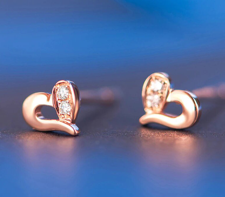 Two Stone .25 Carat Round Cut Diamond Heart Stud Earrings in Rose Gold