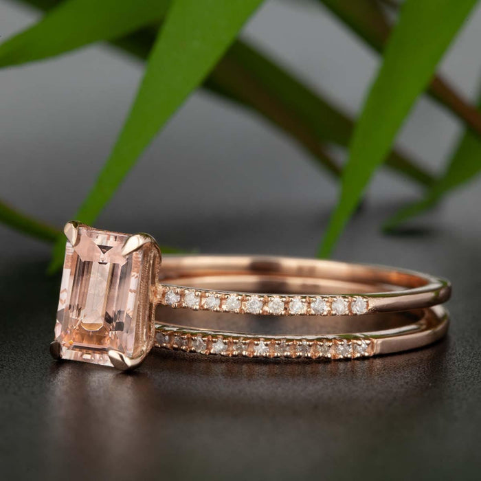 Vintage 1.50 Carat Emerald Cut Peach Morganite and Diamond Wedding Bridal Ring Set in 10k Rose Gold Elegant Ring