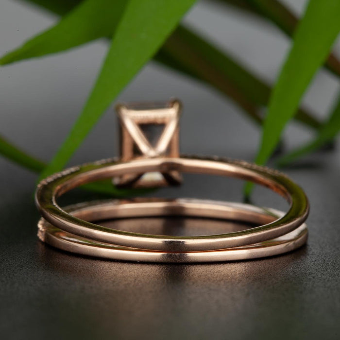 Vintage 1.50 Carat Emerald Cut Peach Morganite and Diamond Wedding Bridal Ring Set in 10k Rose Gold Elegant Ring