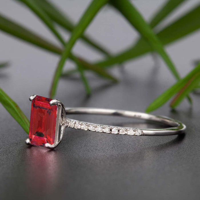 Dazzling 1.25 Carat Emerald Cut Ruby and Diamond Engagement Ring in 9k White Gold