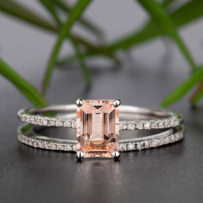 Unique 1.50 Carat Emerald Cut Peach Morganite and Diamond Wedding Ring Set in 10k White Gold  for Women