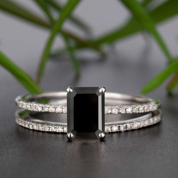 Dazzling 1.50 Carat Black Emerald Cut Black Diamond and Diamond Wedding Ring Set in White Gold