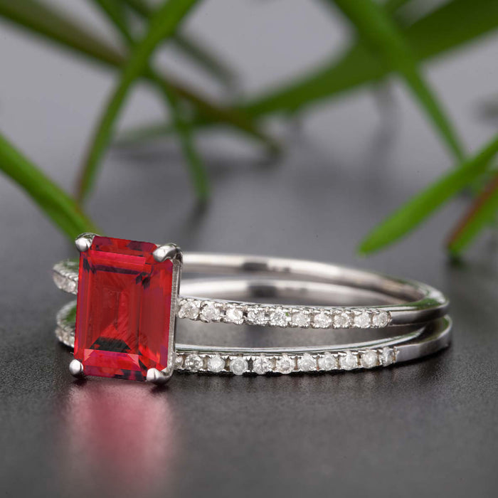 Dazzling 1.5 Carat Emerald Cut Ruby and Diamond Wedding Ring Set in 9k White Gold