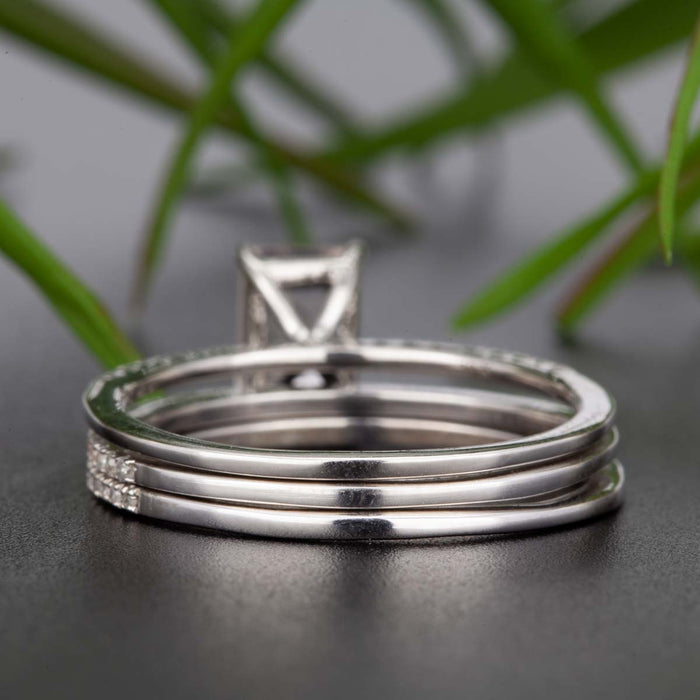 Dazzling 2 Carat Emerald Cut Ruby and Diamond Trio Wedding Ring Set in 9k White Gold