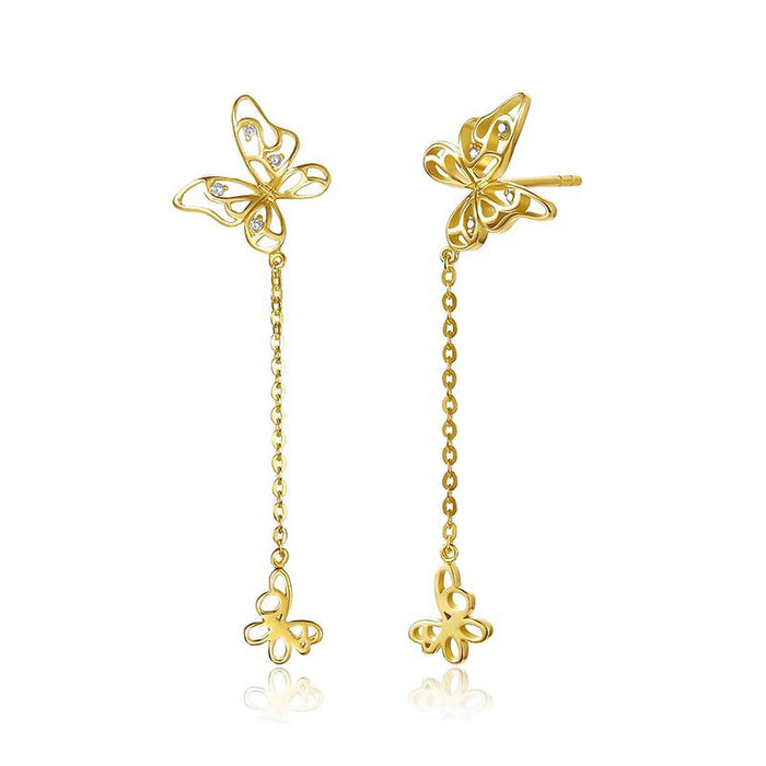 Butterfly .15 Carat Round Cut Diamond Drop Stud Earrings in Yellow Gold