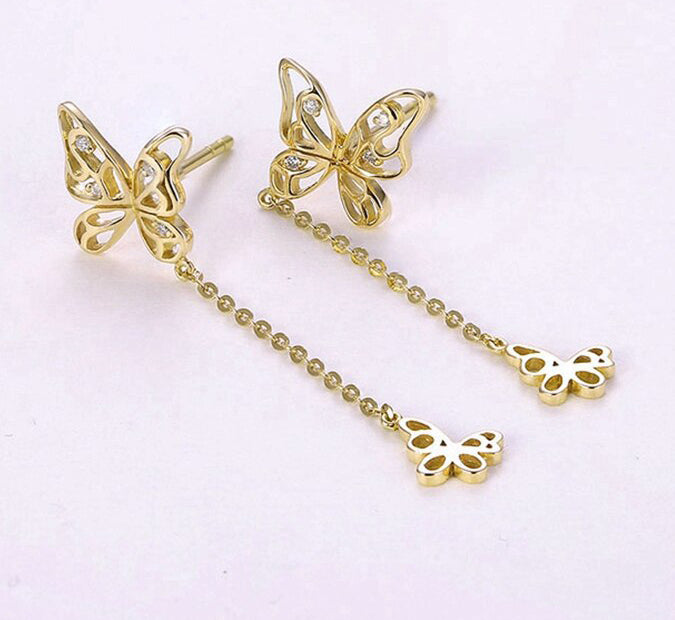 Butterfly .15 Carat Round Cut Diamond Drop Stud Earrings in Yellow Gold