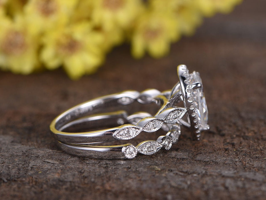 2 Carat Pear Cut Moissanite and Diamond Halo Wedding Set in White Gold