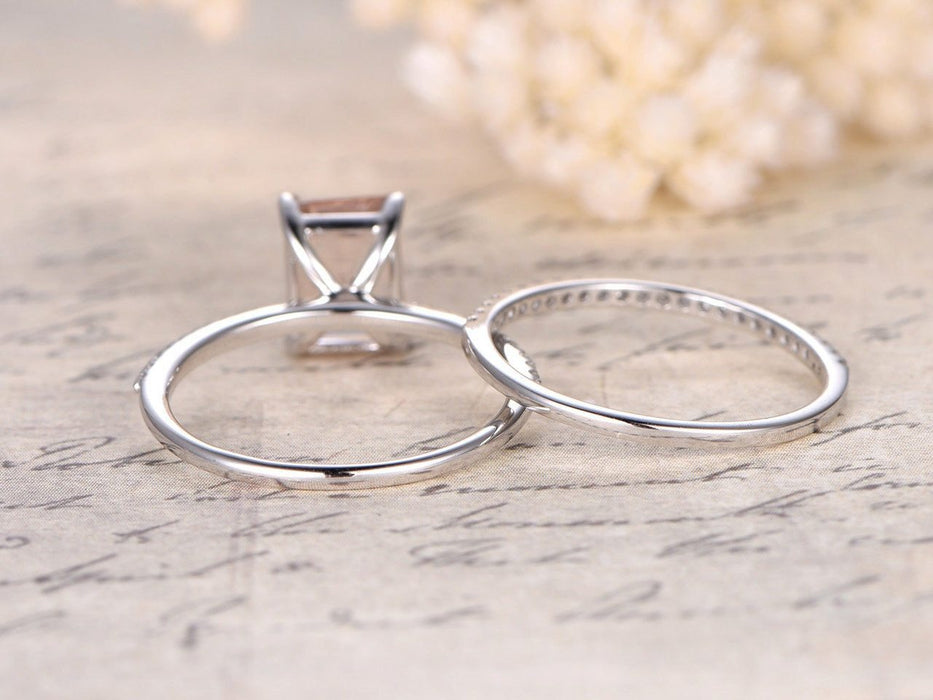 Bestselling 1.50 Carat Emerald Cut Morganite and Diamond Wedding Ring Set in White Gold