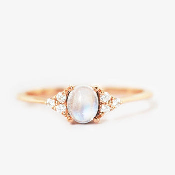 1.15 Carat Round Cabochon Cut Rainbow Moonstone and 6 Stone Diamond Engagement Ring in Rose Gold