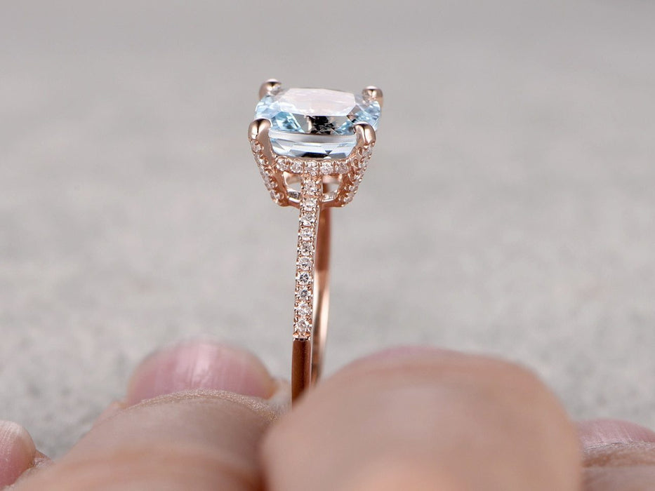 1.25 Carat Cushion Cut Aquamarine and Diamond Engagement Ring in Rose Gold