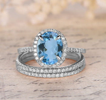 2 Carat Aquamarine and Diamond Halo Trio Wedding Ring Set with Engagement Ring and 2 Wedding Bands in White Gold