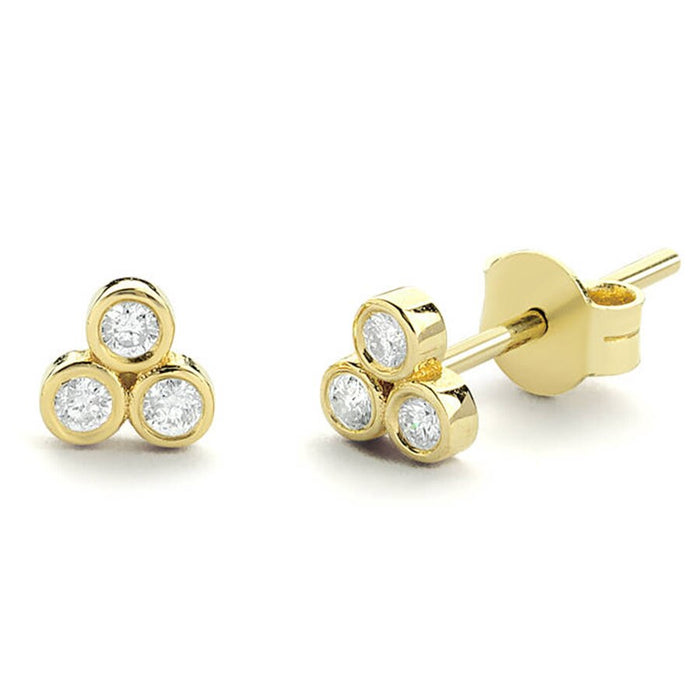 Three Stone .50 Carat Round Cut Diamond Bezel Stud Earrings in Yellow Gold