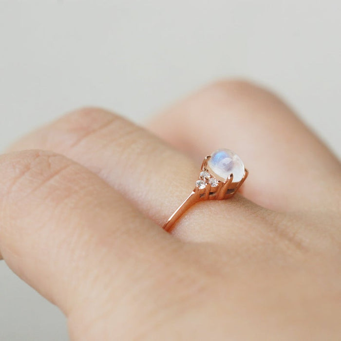 1.15 Carat Round Cabochon Cut Rainbow Moonstone and 6 Stone Diamond Engagement Ring in Rose Gold