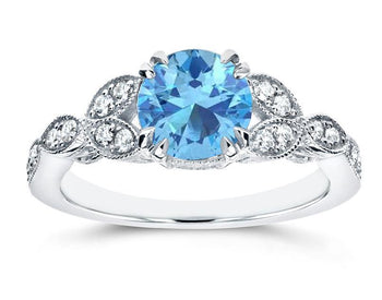 Antique 1.25 Carat Round Cut Aquamarine and Diamond Engagement Ring in White Gold