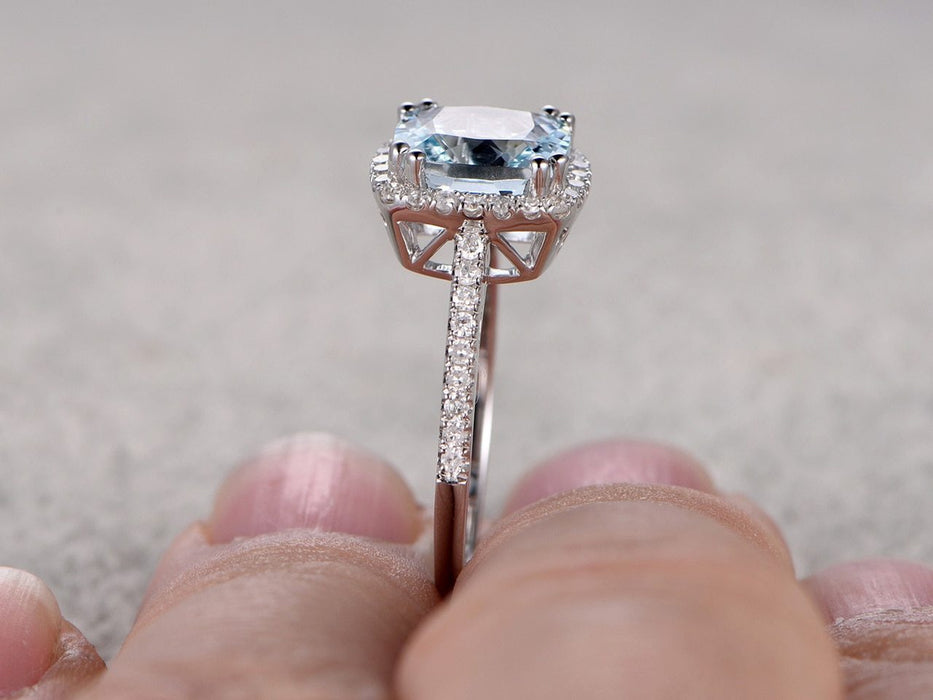 1.50 Carat Cushion Cut Aquamarine and Diamond Engagement Halo Ring in White Gold