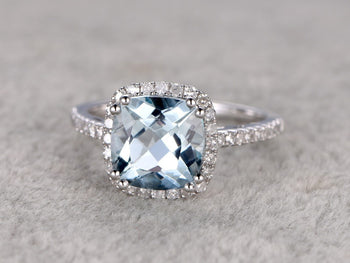 1.50 Carat Cushion Cut Aquamarine and Diamond Engagement Halo Ring in White Gold