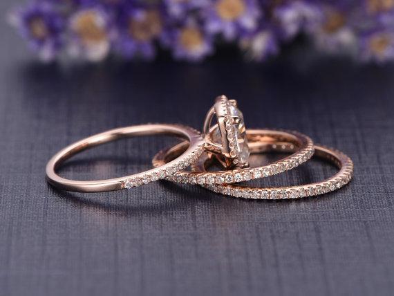 2 Carat Cushion Cut Moissanite and Diamond Halo Trio Wedding Ring Set in Rose Gold