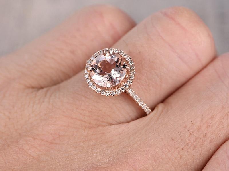 1.50 Carat Round Cut Morganite and Diamond Halo Engagement Ring in 9k Rose Gold