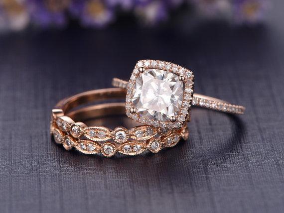 Art Deco 2 Carat Cushion Cut Moissanite and Diamond Halo Trio Wedding Ring Set in Rose Gold