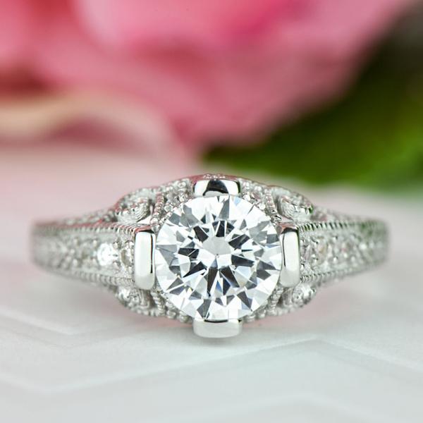 Final Sale 1.5 Carat Round Cut Vintage Scroll Engagement Ring in White Gold over Sterling Silver