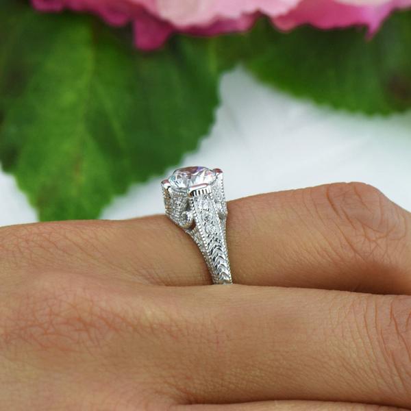 Final Sale 1.5 Carat Round Cut Vintage Scroll Engagement Ring in White Gold over Sterling Silver