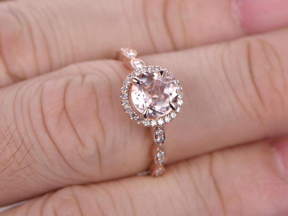 1.50 Carat Round Cut Morganite and Diamond Halo Engagement Ring in 9k Rose Gold