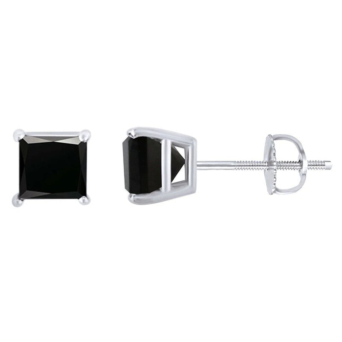 Solitaire 2 Carat Princess Cut Black Diamond Screw Back Earrings in White Gold