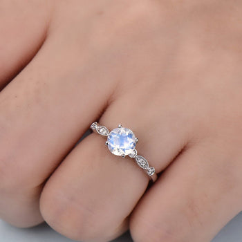 Art Deco 1.25 Carat Round Cut Blue Moonstone and Diamond Classic Engagement Ring in White Gold