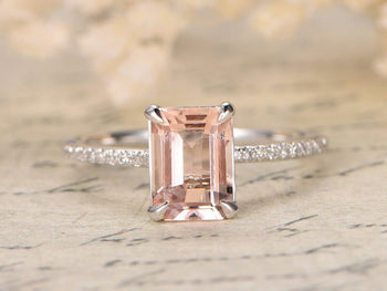 1.25 Carat Emerald Cut Morganite and Diamond Engagement Ring in 9k White Gold