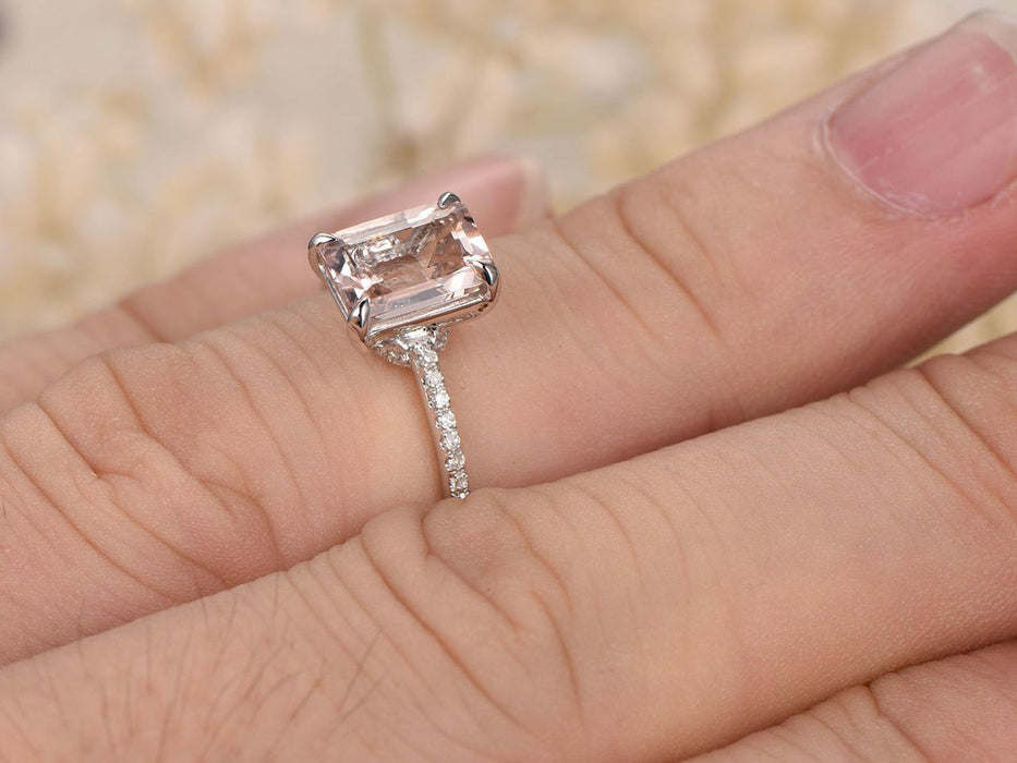 1.25 Carat Emerald Cut Morganite and Diamond Engagement Ring in 9k White Gold