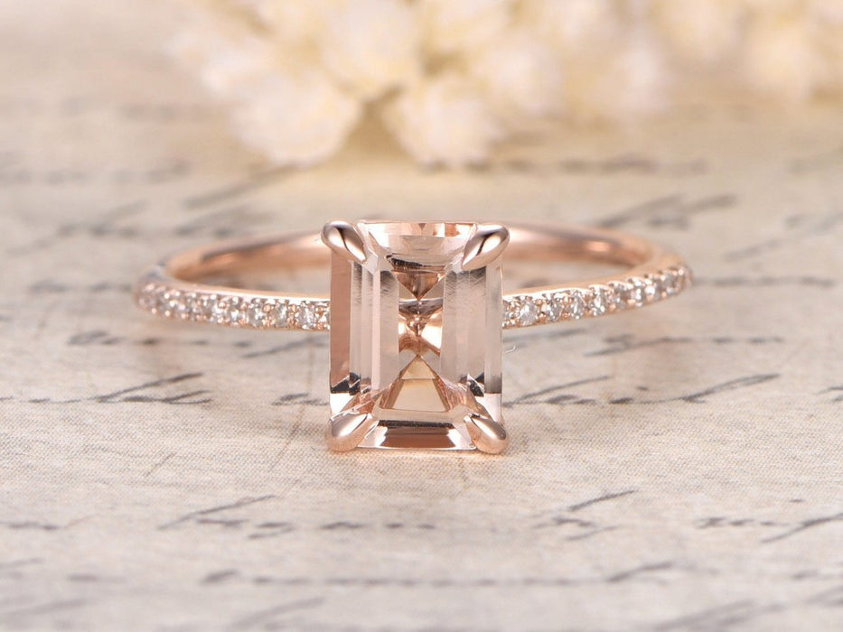 1.25 Carat Emerald Cut Morganite and Diamond Engagement Ring in Rose Gold