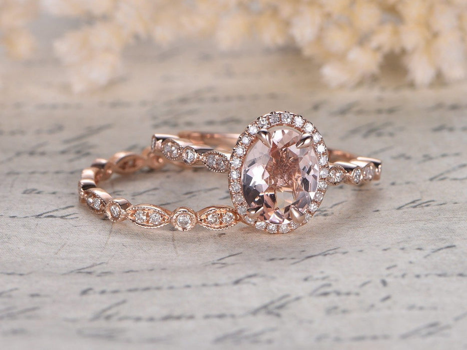 Antique 1.50 Carat Art Deco Oval Cut Morganite and Diamond Bridal Ring Set in Rose Gold