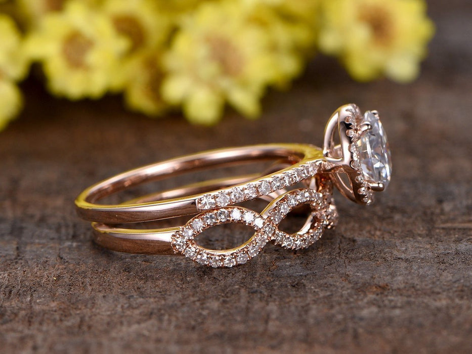 Fabulous 2 Carat Round Cut Moissanite and Diamond Engagement Wedding Set in Rose Gold