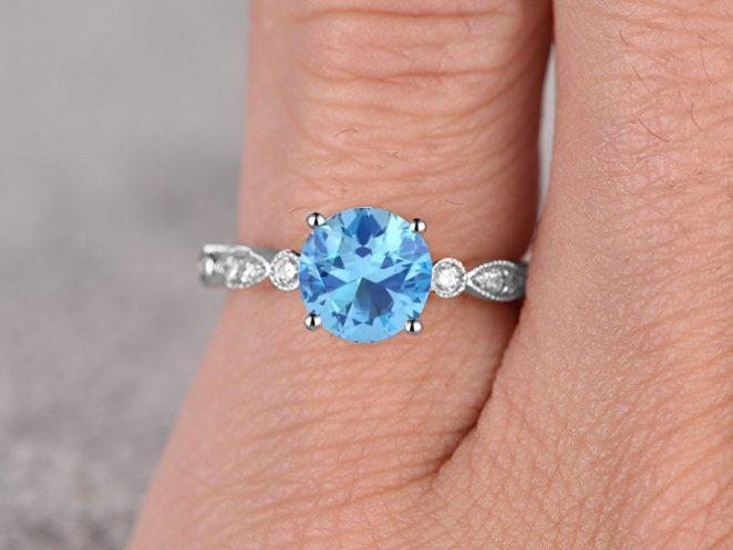 Bestselling 1.25 Carat Round Cut Aquamarine and Diamond Engagement Ring in White Gold