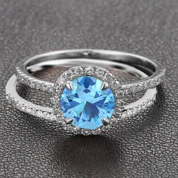 Bestselling 2 Carat Antique Design Round cut Aquamarine and Diamond Wedding Ring Set in White Gold