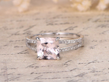 1.50 Carat Cushion Cut Morganite and Diamond Split Shank Engagement Ring in White Gold