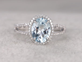 1.50 Carat Oval Cut Aquamarine and Diamond Halo split shank Engagement Ring in White Gold