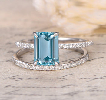 Bestselling 1.5 Carat Emerald Cut Aquamarine and Diamond Wedding Ring Set in White Gold