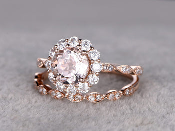 Flower Shape 2 Carat Round Cut Halo Morganite  and Diamond Wedding Set in Rose Gold