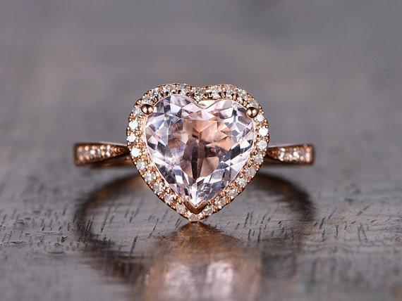 1.25 Carat Heart Shape Morganite and Diamond Halo Engagement Ring in Rose Gold