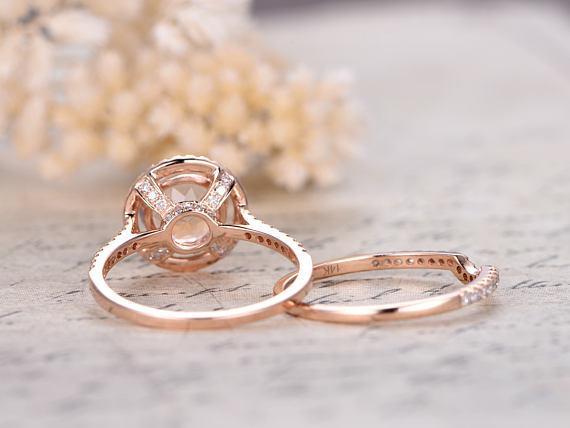 Unique 2 Carat Round Cut Morganite and Diamond Halo Wedding Ring Set in Rose Gold