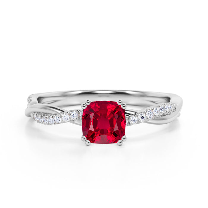 1.50 Carat Cushion Cut Pigeon Blood Ruby & Diamond July Birthstone Infinity Engagement Ring in Rose Gold