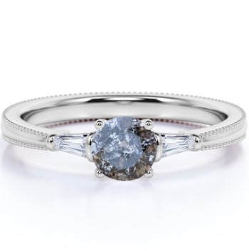 1.10 Carat Round Brilliant Icy Grey Salt and Pepper Diamond Tapered 3 Stone Engagement Ring in White Gold
