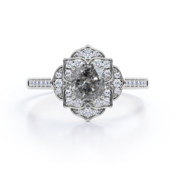 1 Carat Round Cut Natural Salt and Pepper Diamond Nature Inspired Engagement Ring in White Gold