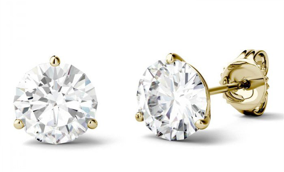 Classic 3 Prong 2 Carat Round Cut Moissanite Stud Earrings in Yellow Gold