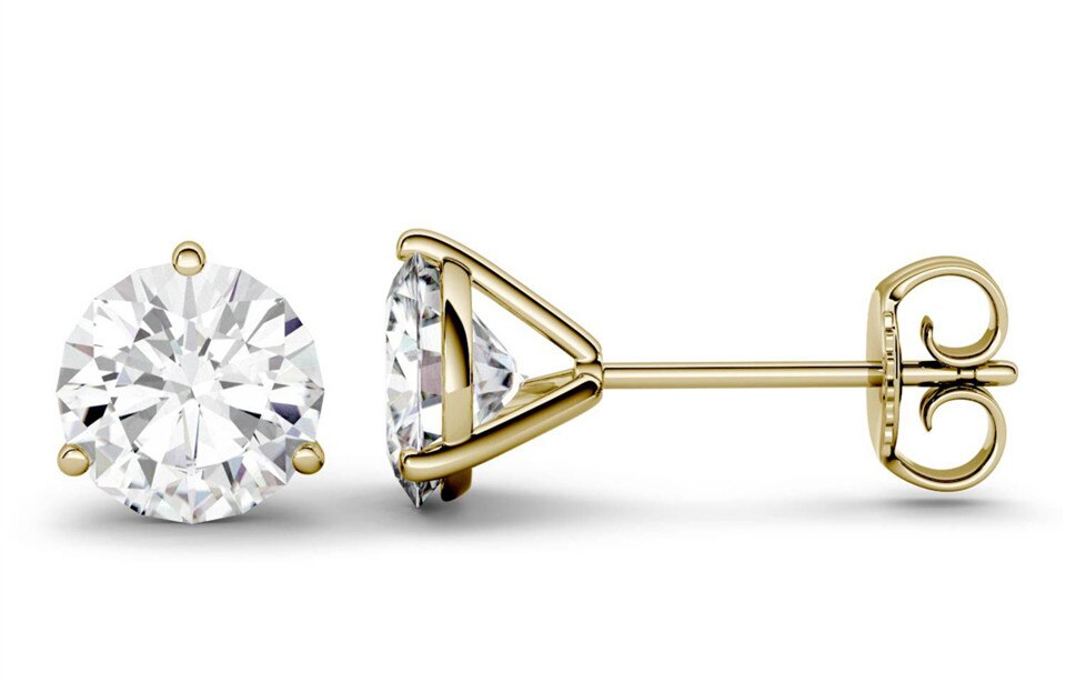 Classic 3 Prong 2 Carat Round Cut Moissanite Stud Earrings in Yellow Gold
