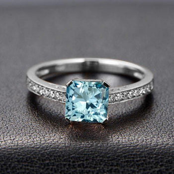 Beautiful 1.25 Carat Princess Cut Aquamarine and Diamond Engagement Ring in White Gold