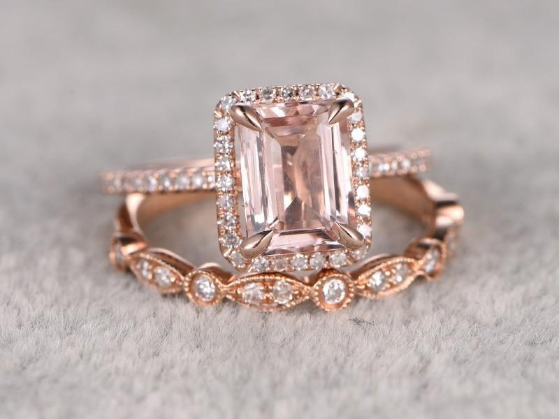 Art Deco 2 Carat Emerald Cut Morganite and Diamond Bridal Set in Rose Gold